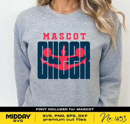 Gray sweatshirt with 'Mascot Cheer' design in red and blue, ideal for cheer team templates, SVG for Cricut and sublimation projects.