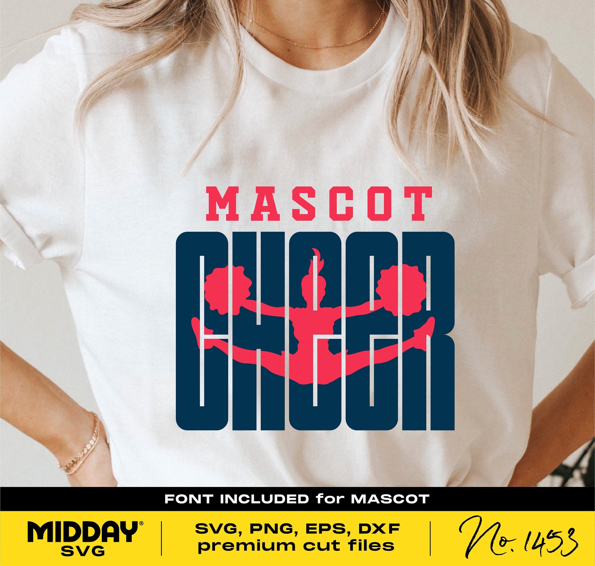 White t-shirt featuring 'Mascot Cheer' design in blue and red, perfect for cheer team projects using SVG, PNG, EPS, DXF formats.