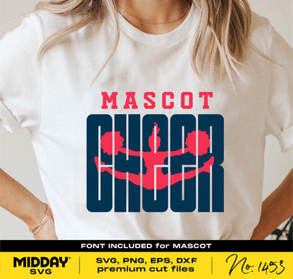 White t-shirt featuring 'Mascot Cheer' design in blue and red, perfect for cheer team projects using SVG, PNG, EPS, DXF formats.