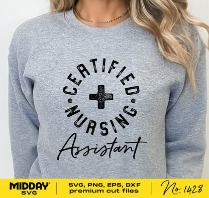 Gray sweatshirt with Certified Nursing Assistant design for Cricut and Silhouette crafting, available as SVG, PNG, and DXF files.