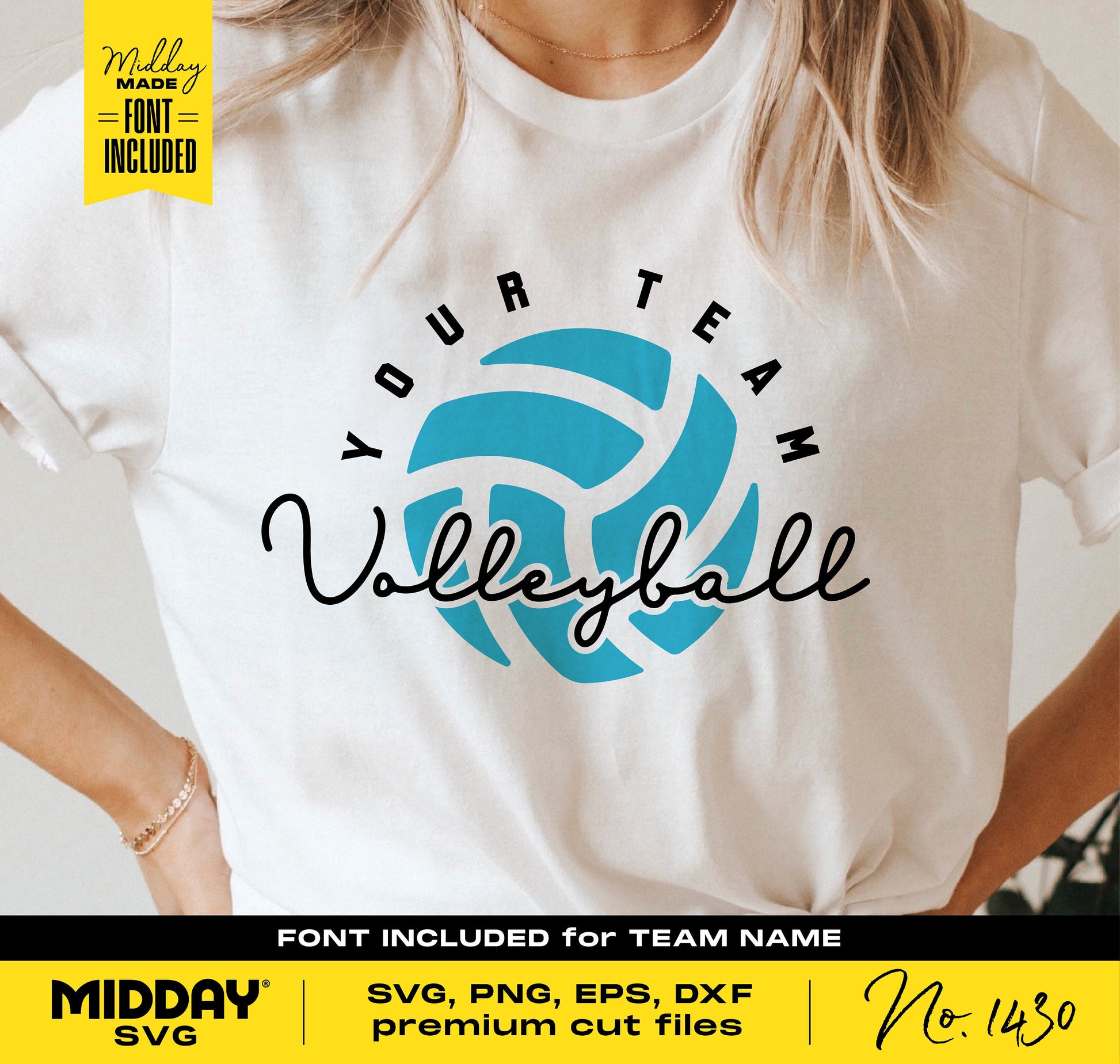 White t-shirt featuring a blue volleyball graphic with customizable team name, ideal for Cricut and Silhouette projects.