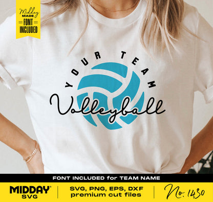 White t-shirt featuring a blue volleyball graphic with customizable team name, ideal for Cricut and Silhouette projects.