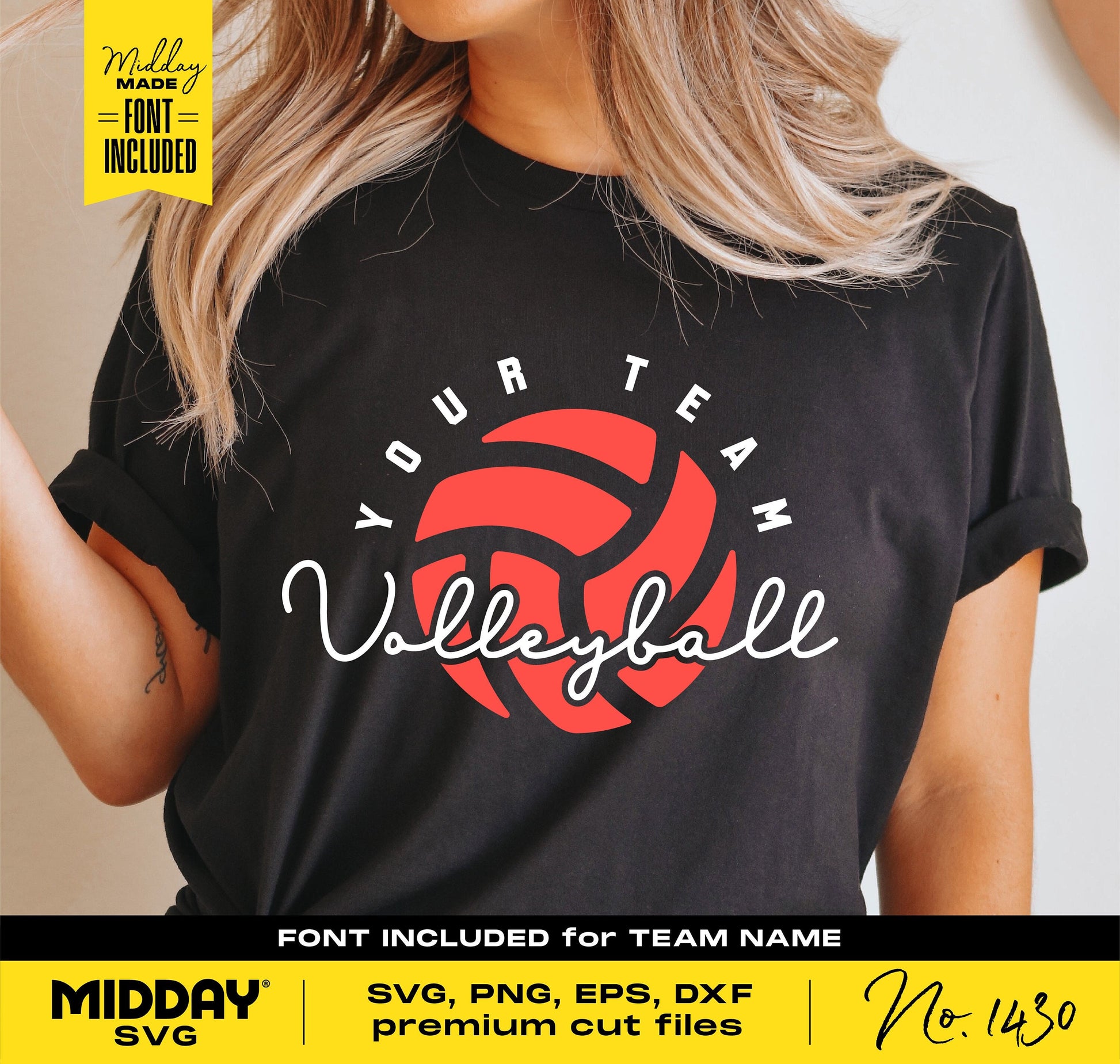 Volleyball shirt design with customizable team name, perfect for crafting with Cricut and Silhouette. Includes SVG, PNG, EPS, DXF.