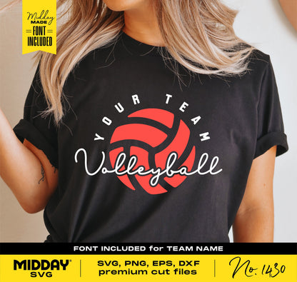Volleyball shirt design with customizable team name, perfect for crafting with Cricut and Silhouette. Includes SVG, PNG, EPS, DXF.