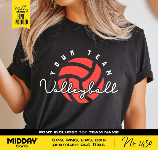 Volleyball shirt design with customizable team name, perfect for crafting with Cricut and Silhouette. Includes SVG, PNG, EPS, DXF.