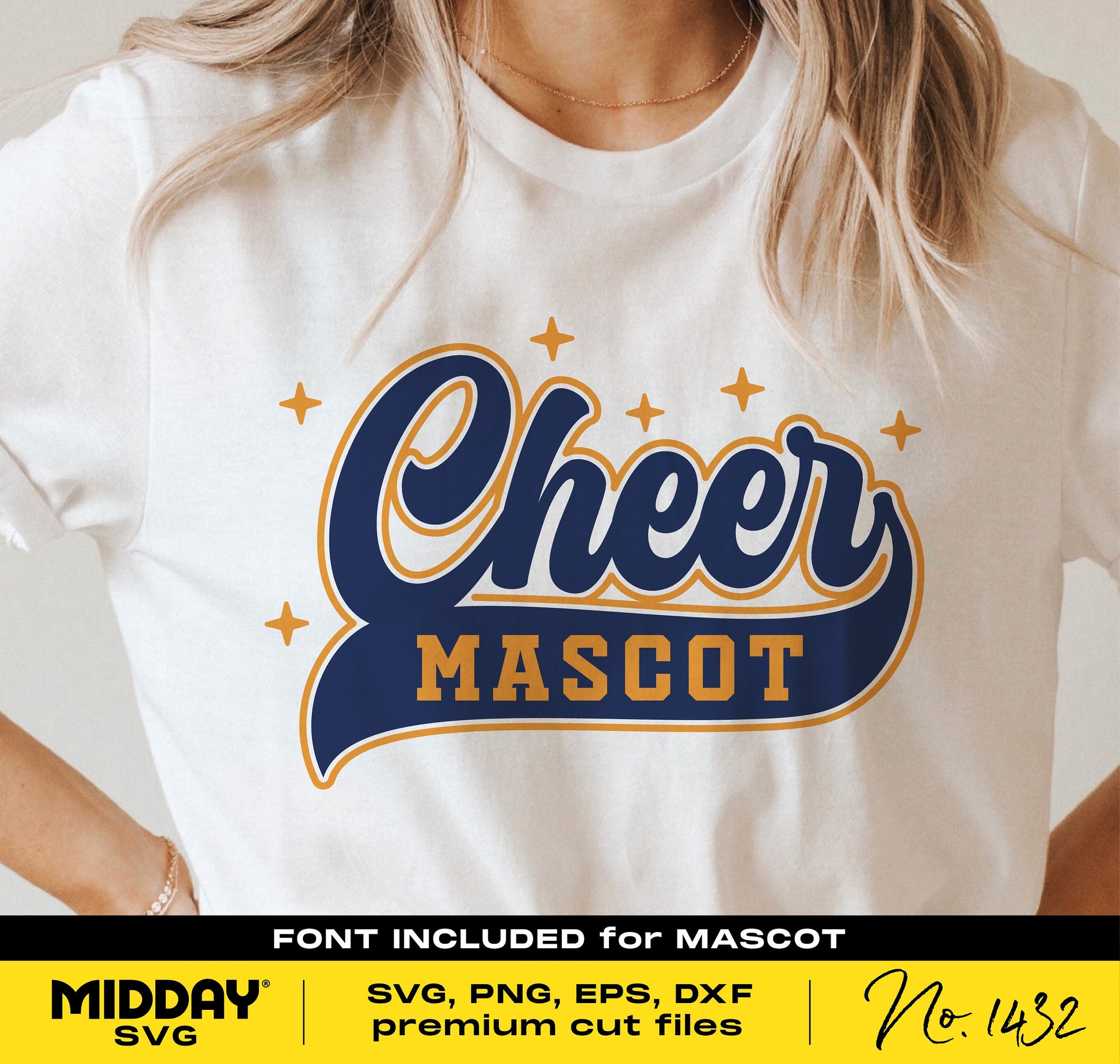 Cheer t-shirt design with 'Cheer Mascot' in blue and orange, suitable for cheerleading apparel. Includes SVG, PNG, DXF, EPS digital files.