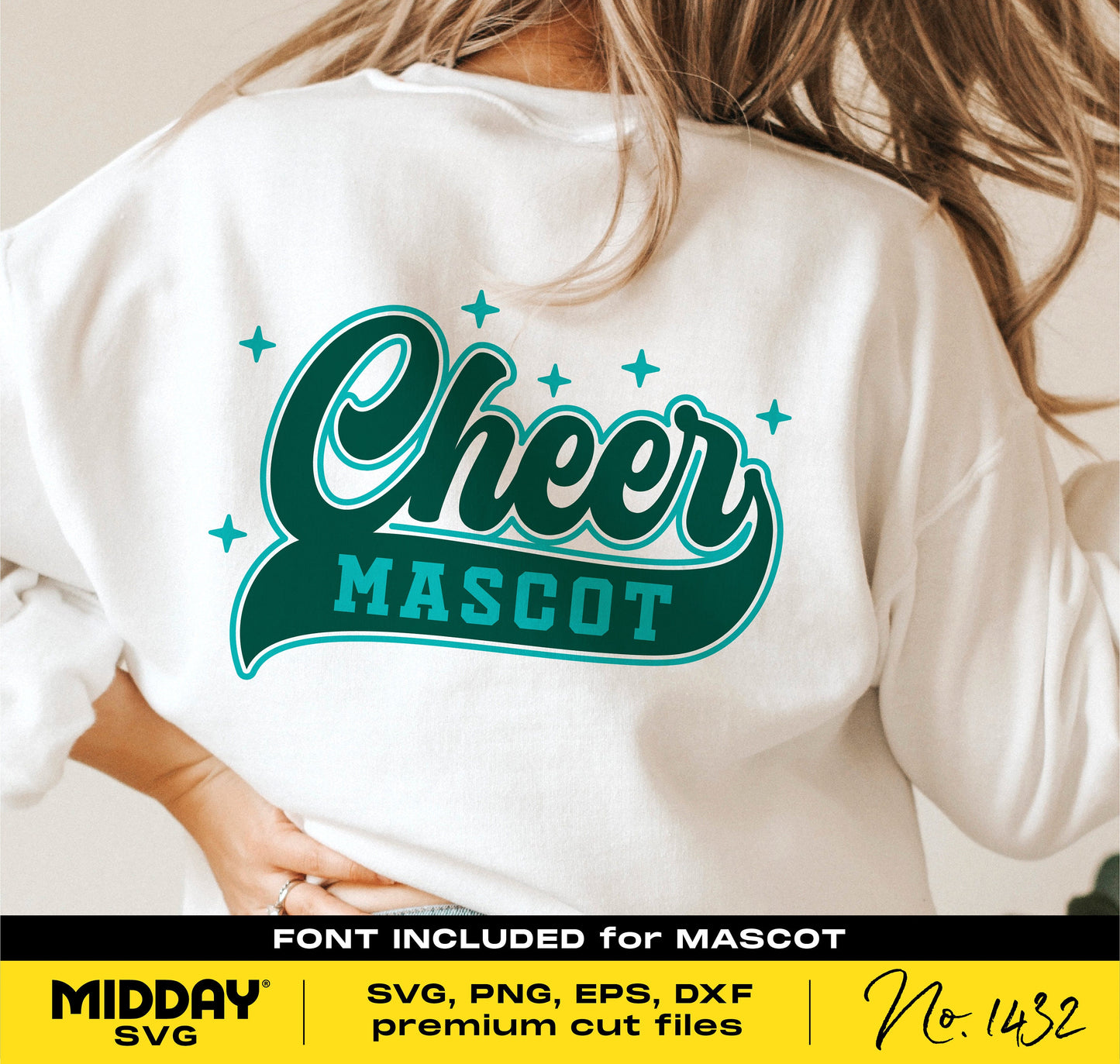 Back view of a white sweatshirt featuring a green 'Cheer Mascot' design with stars, ideal for cheerleader SVG projects and shirt designs.