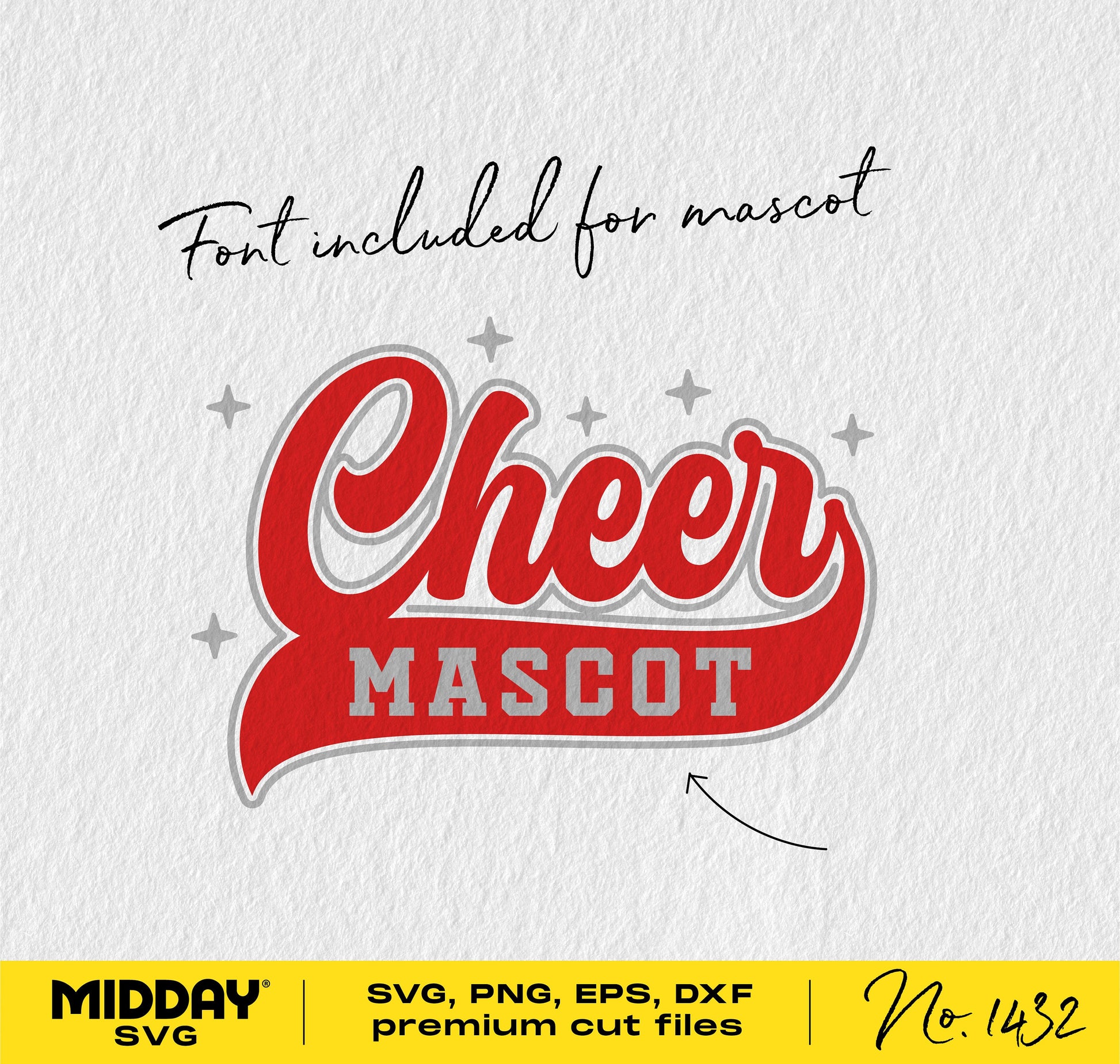 Cheer SVG design in red with mascot font for DIY projects, includes SVG, PNG, DXF, EPS file formats for cheerleaders and team shirts.