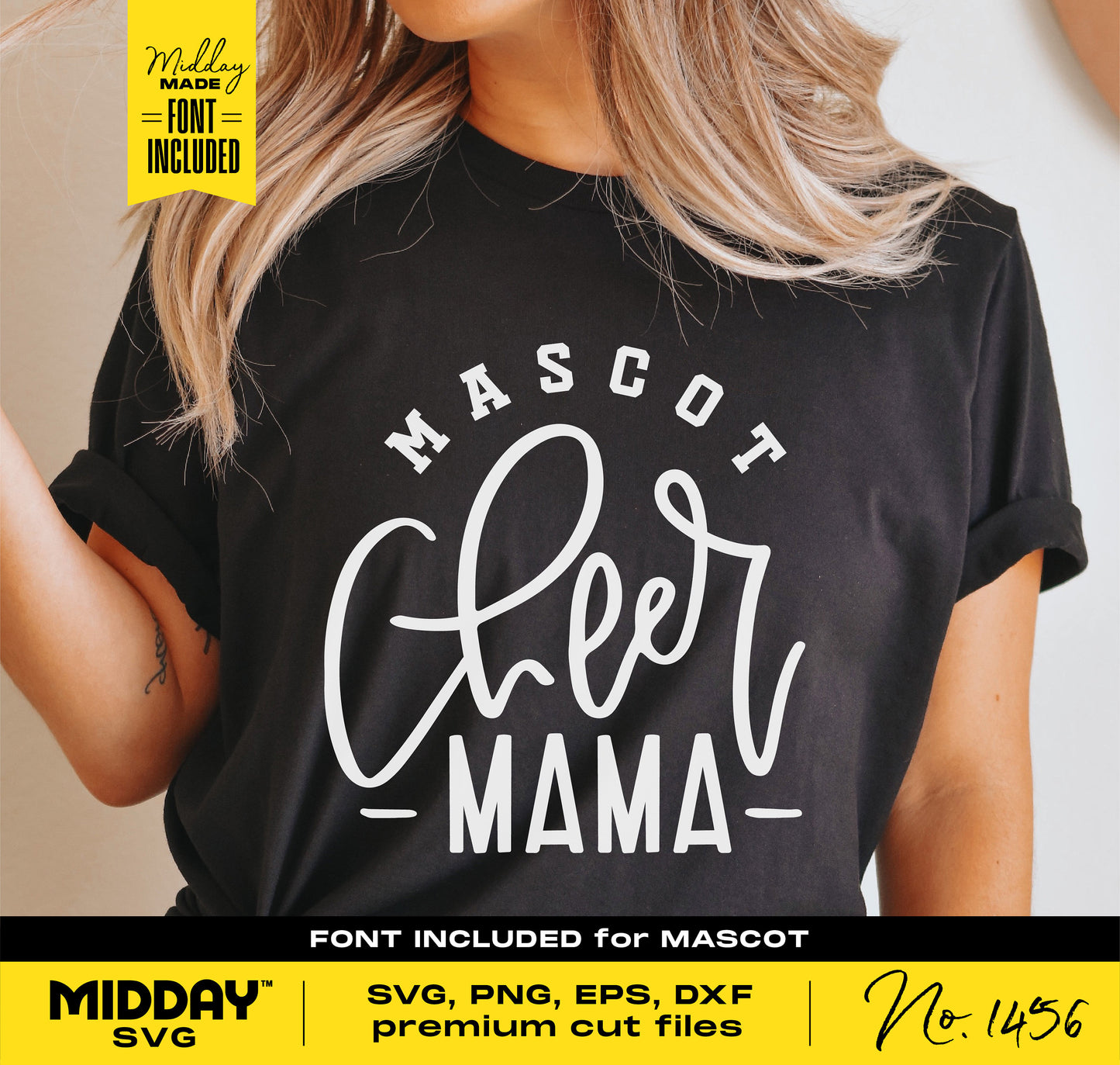 Black t-shirt with "Mascot Cheer Mama" in quirky script, perfect for cheer mom crafts using SVG, PNG, and DXF formats.