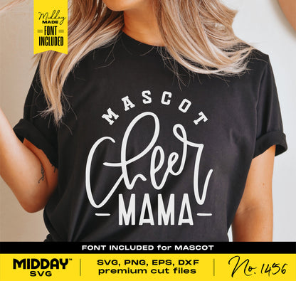 Black t-shirt with "Mascot Cheer Mama" in quirky script, perfect for cheer mom crafts using SVG, PNG, and DXF formats.