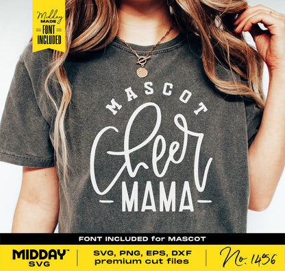 Cute Cheer Mama shirt with quirky script, featuring 'Mascot Cheer Mama' design, ideal for Cricut and sublimation crafting projects.