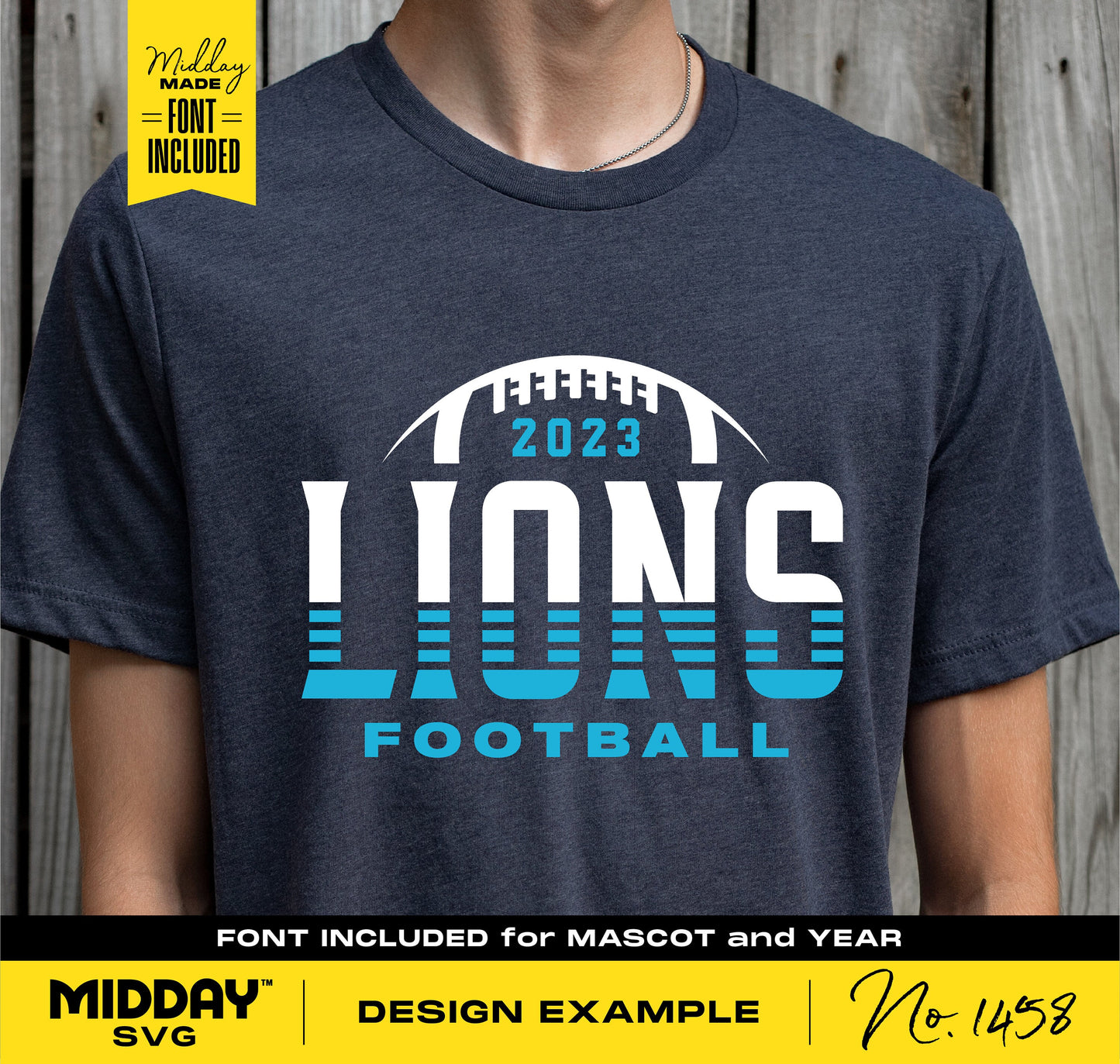 Football shirt design example with LIONS team logo and 2023 year. Includes SVG files for Cricut and Silhouette crafting.