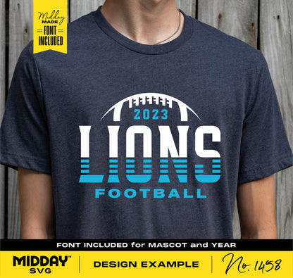 Football shirt design example with LIONS team logo and 2023 year. Includes SVG files for Cricut and Silhouette crafting.