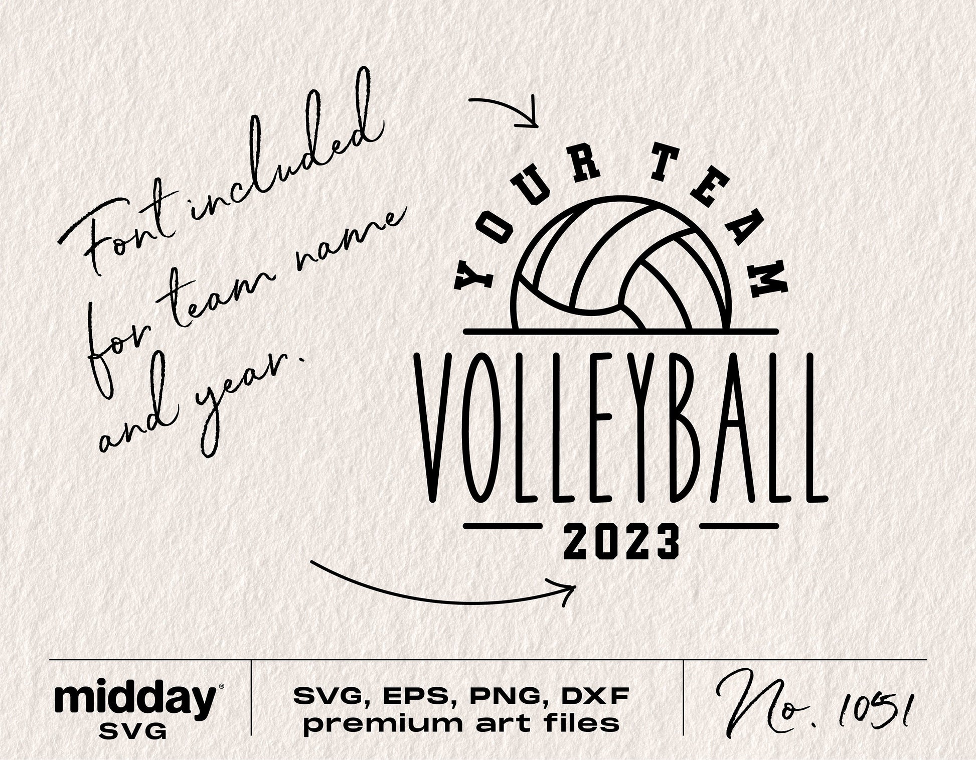 Volleyball team logo template with include font for custom team name and year, available in SVG, EPS, PNG, and DXF formats.