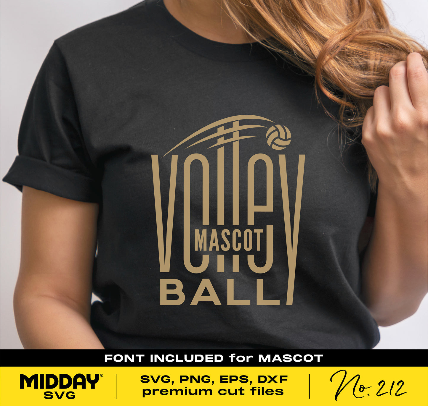 Person wearing a black shirt featuring a volleyball team design with "Volley Mascot Ball" text, suitable for Cricut and sublimation projects.