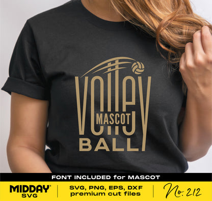 Person wearing a black shirt featuring a volleyball team design with "Volley Mascot Ball" text, suitable for Cricut and sublimation projects.