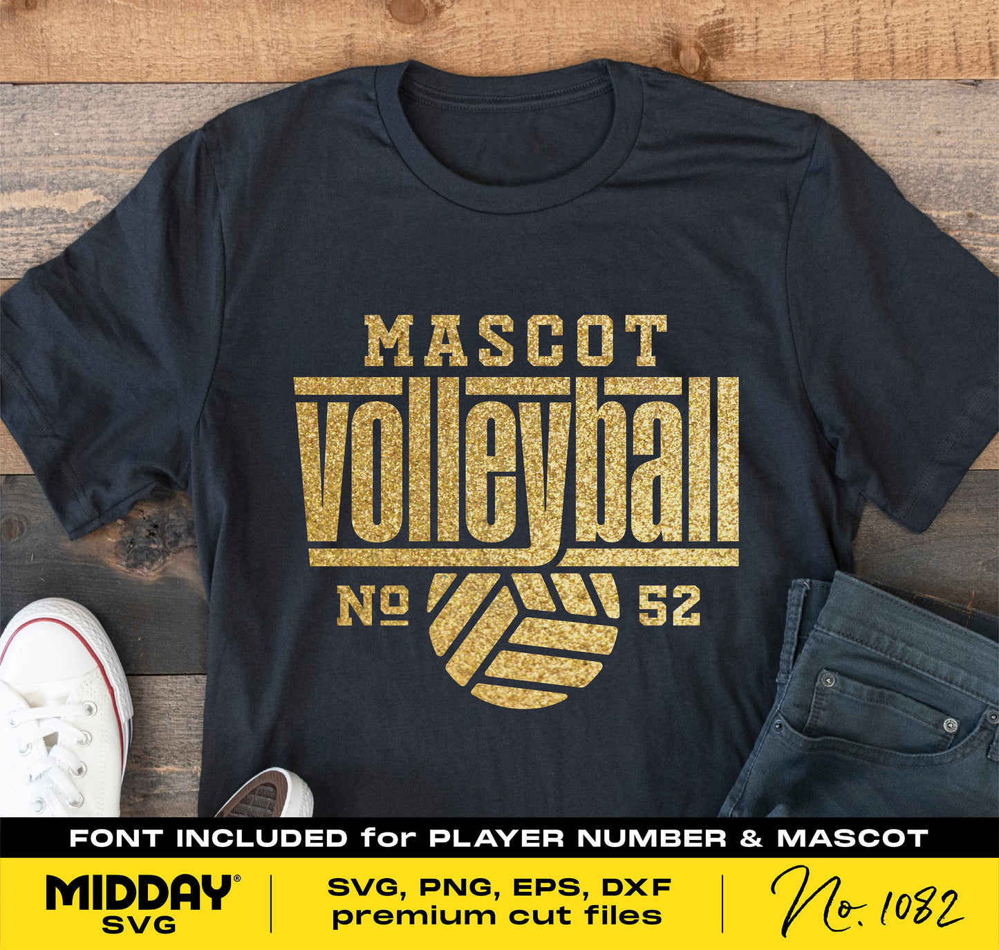 Black t-shirt with gold glitter text 'Mascot Volleyball No 52', DIY SVG design for Cricut, includes font for customization.