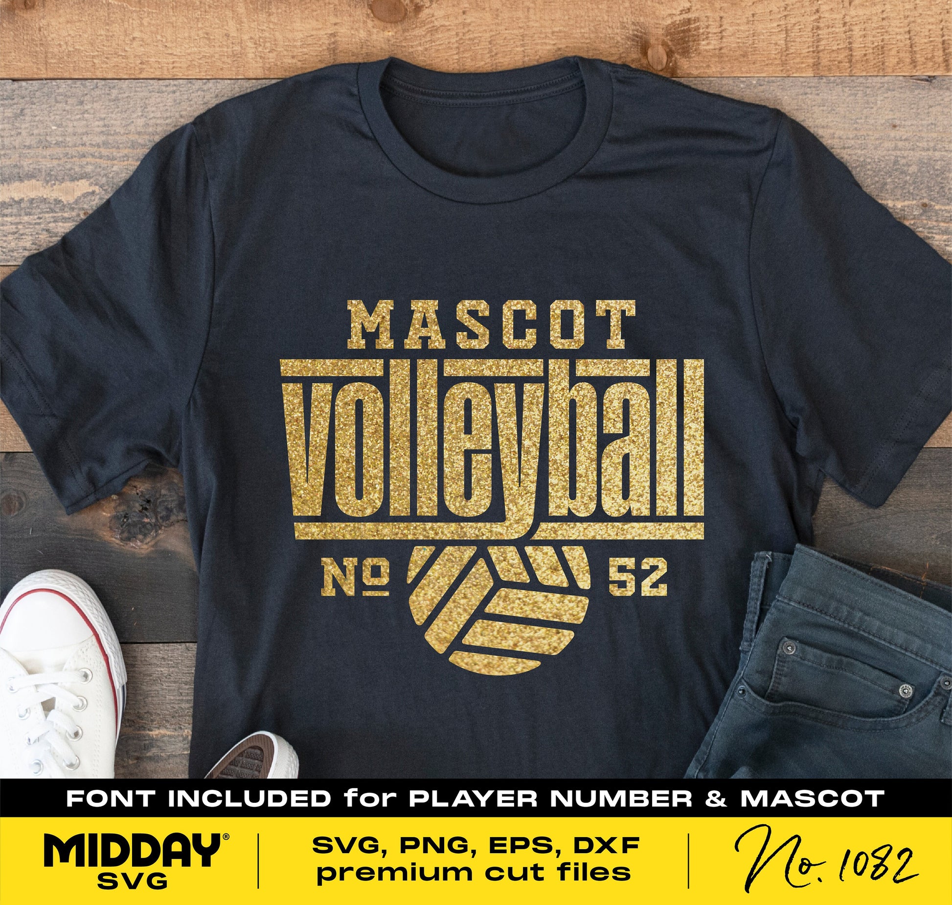Black t-shirt with gold glitter text 'Mascot Volleyball No 52', DIY SVG design for Cricut, includes font for customization.