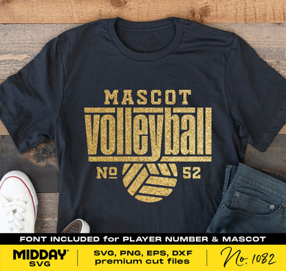 Black t-shirt with gold glitter text 'Mascot Volleyball No 52', DIY SVG design for Cricut, includes font for customization.