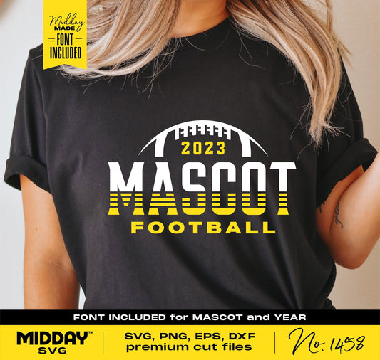 Black shirt displaying a 2023 football team design template featuring "Mascot Football" with included fonts, ideal for Cricut and Silhouette.