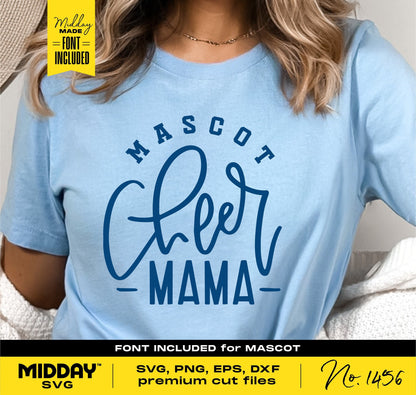 Woman wearing a light blue shirt with 'Mascot Cheer Mama' design, featuring a cute and quirky script for cheerleading enthusiasts.