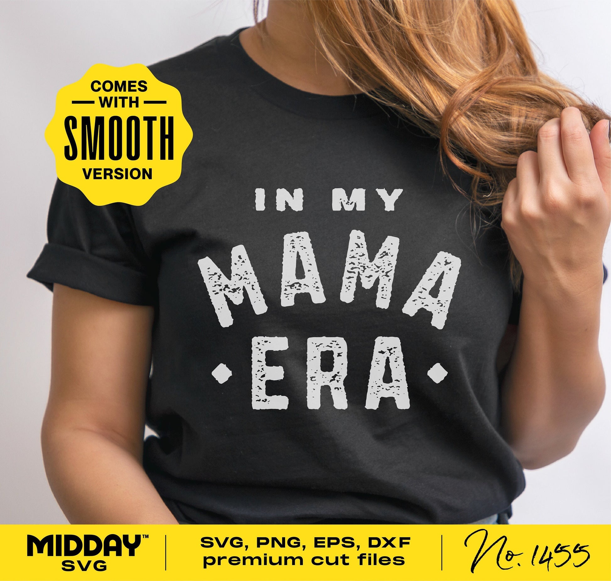 Woman wearing black 'In My Mama Era' shirt, featuring premium SVG cut files for Cricut and sublimation projects.