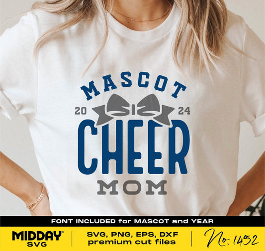 T-shirt with 'Mascot Cheer Mom 2024' design in blue and gray, suitable for Cricut and Silhouette, including SVG, PNG, EPS, and DXF files.