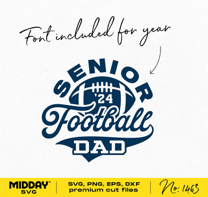 Senior Football Dad 2024 SVG design with football graphic, perfect for varsity graduation and crafting with Silhouette or Cricut.