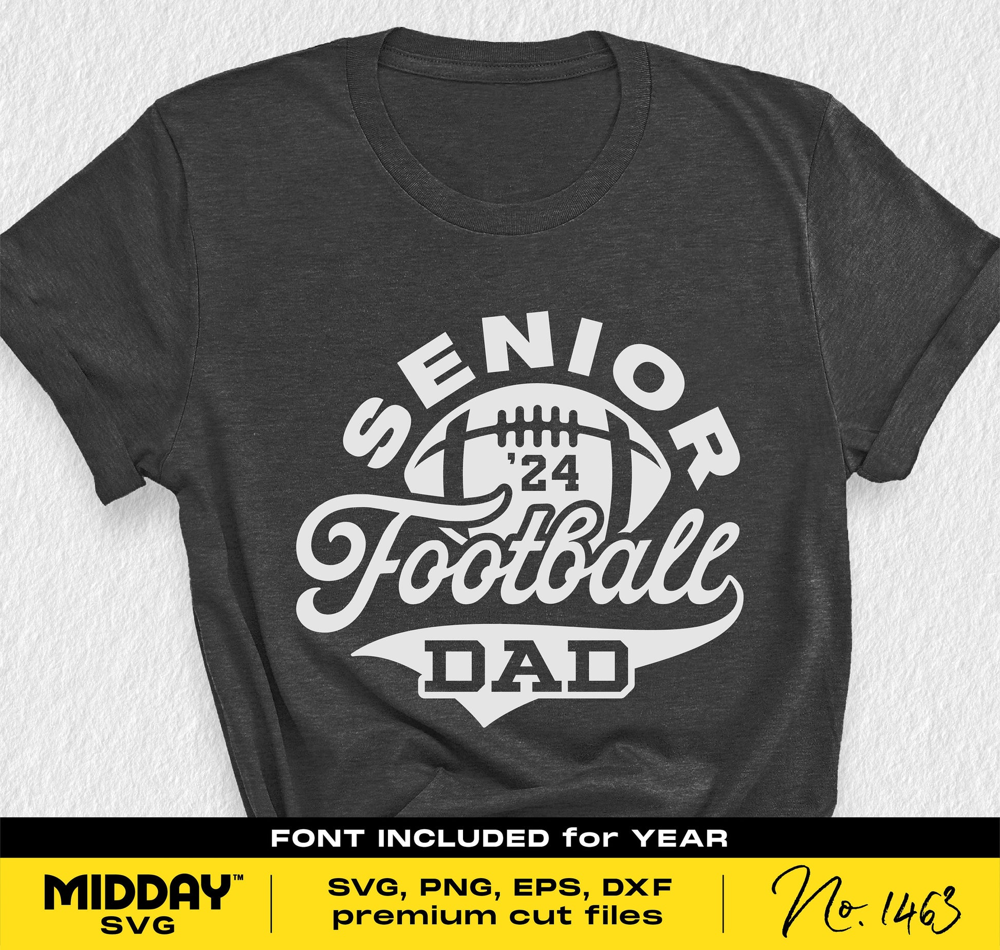 Senior Football Dad 2024 graphic tee in black, featuring a football design, ideal for varsity graduation and craft projects with Cricut and Silhouette.