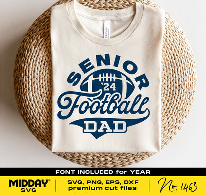 Senior Football Dad 2024 t-shirt with varsity design for Cricut and Silhouette, includes SVG, PNG, DXF, EPS formats.