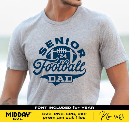 Man wearing a grey t-shirt with 'Senior Football Dad 24' design, featuring bold lettering and football graphic. Varsity, graduation theme.