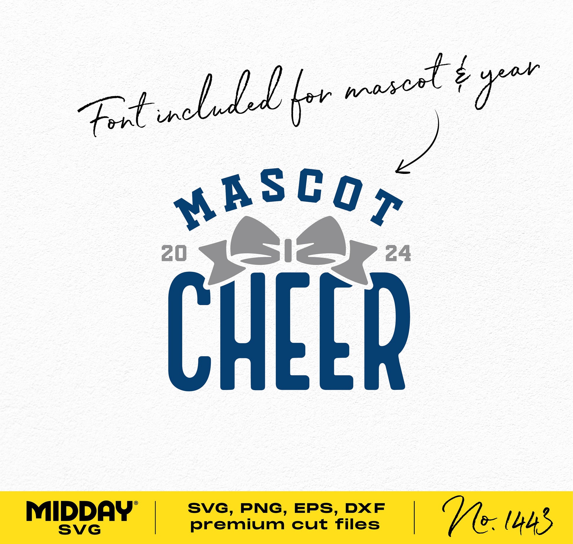 Cheer Team Template with Mascot Font, Cheer Bow Design in SVG, PNG, EPS, DXF formats, ideal for cheerleader and team shirts.