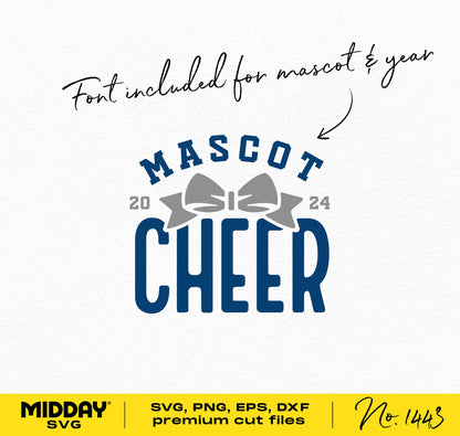 Cheer Team Template with Mascot Font, Cheer Bow Design in SVG, PNG, EPS, DXF formats, ideal for cheerleader and team shirts.
