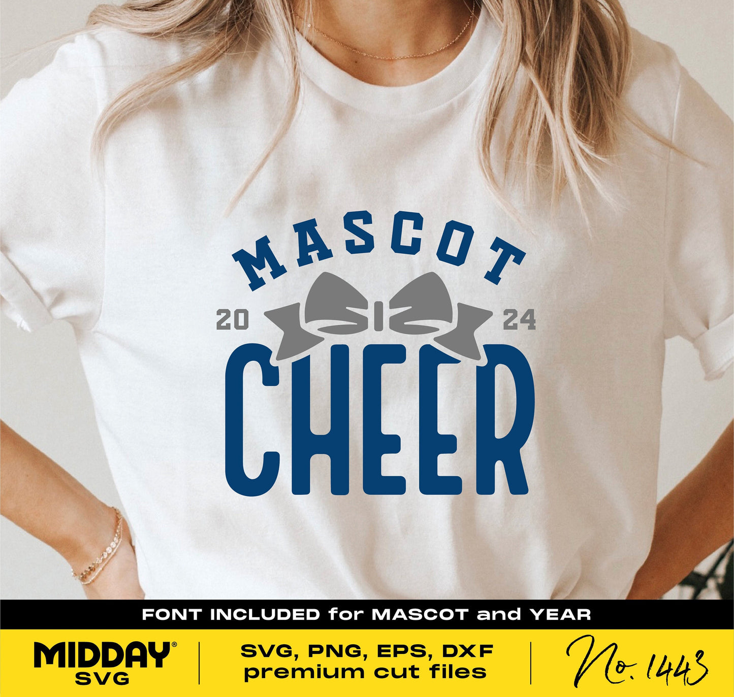 Cheer Team Shirt Design SVG PNG DXF EPS template with bow graphic, "Mascot Cheer" text, and customizable font for DIY projects.