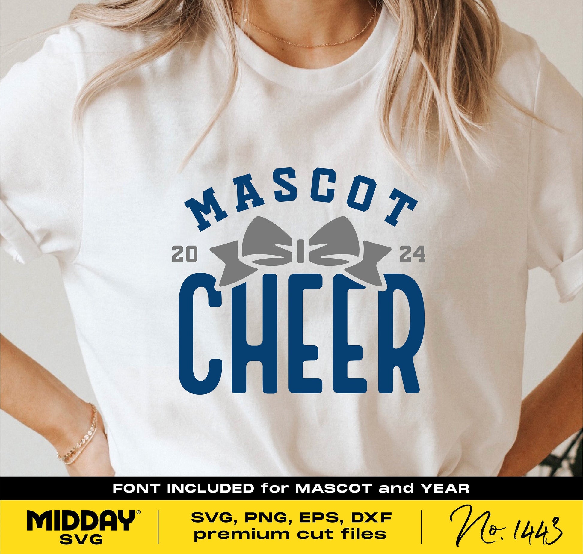 Cheer Team Shirt Design SVG PNG DXF EPS template with bow graphic, "Mascot Cheer" text, and customizable font for DIY projects.