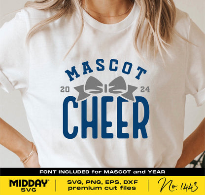 Cheer Team Shirt Design SVG PNG DXF EPS template with bow graphic, "Mascot Cheer" text, and customizable font for DIY projects.