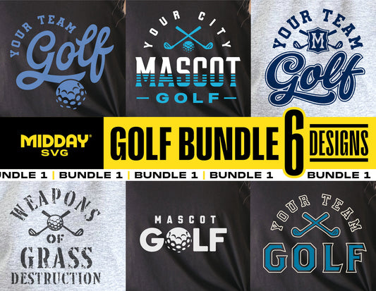Golf SVG bundle with 6 designs for team shirts, featuring phrases like 'Your Team Golf' and 'Mascot Golf', ideal for Cricut projects.