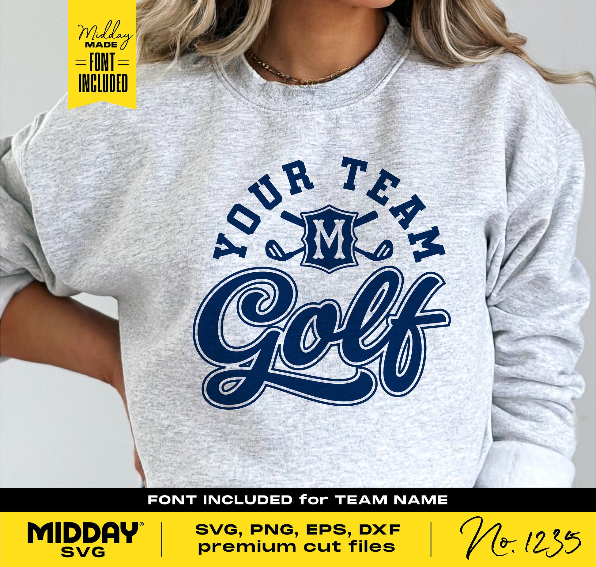 Gray sweatshirt with 'Your Team Golf' design, customizable SVG for Cricut, ideal for golf teams, featuring premium cut files.