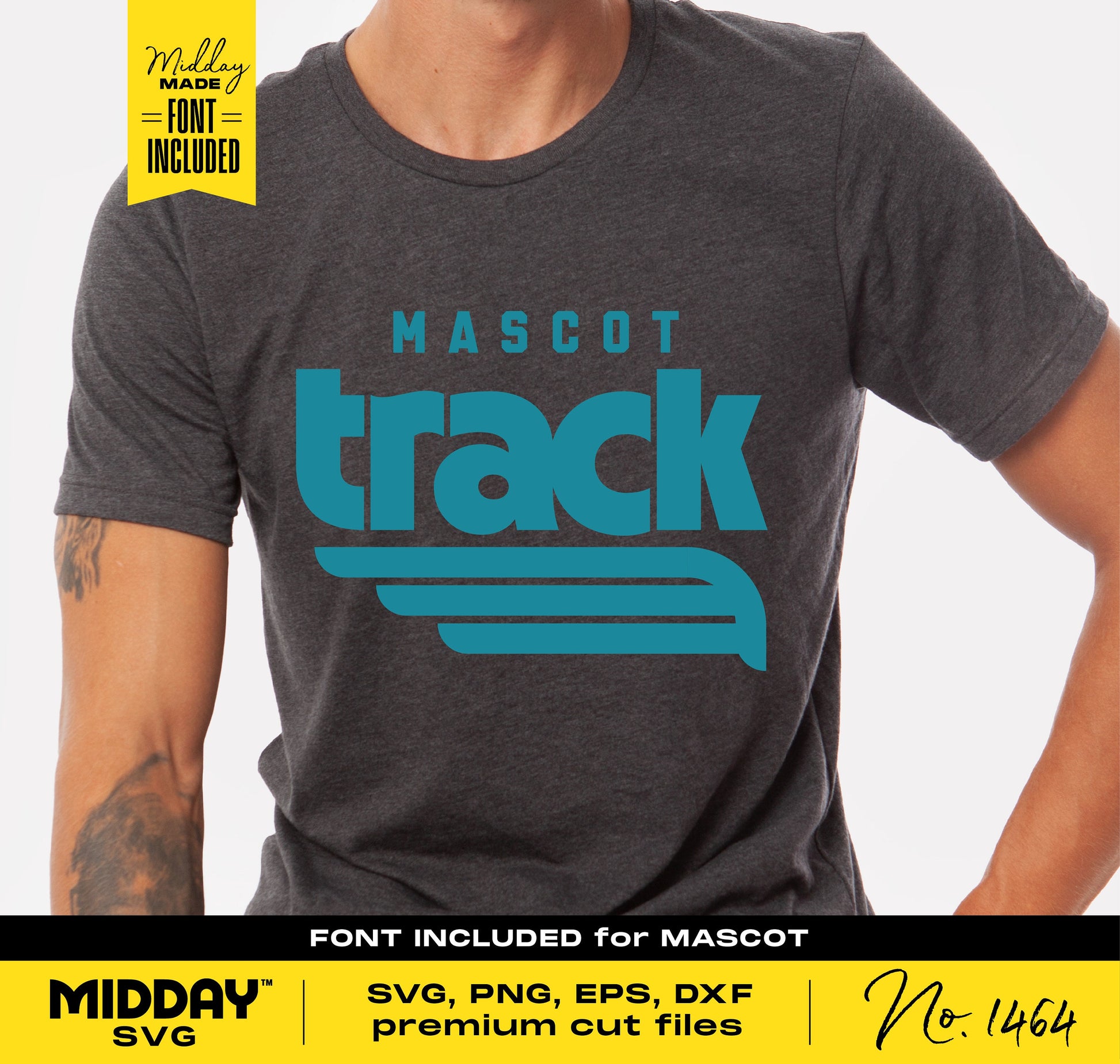 Person wearing dark T-shirt with blue 'Mascot Track' design, featuring track wing graphic. Font included for custom SVG, PNG, EPS, DXF downloads.