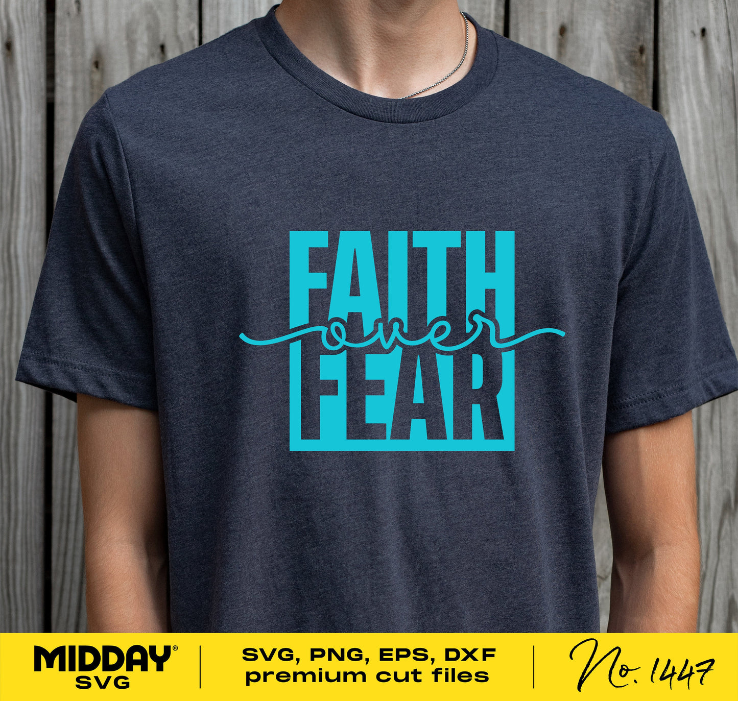 T-shirt with 'Faith Over Fear' design in blue text, showcasing Christian inspiration for SVG, PNG files; perfect for Cricut projects.