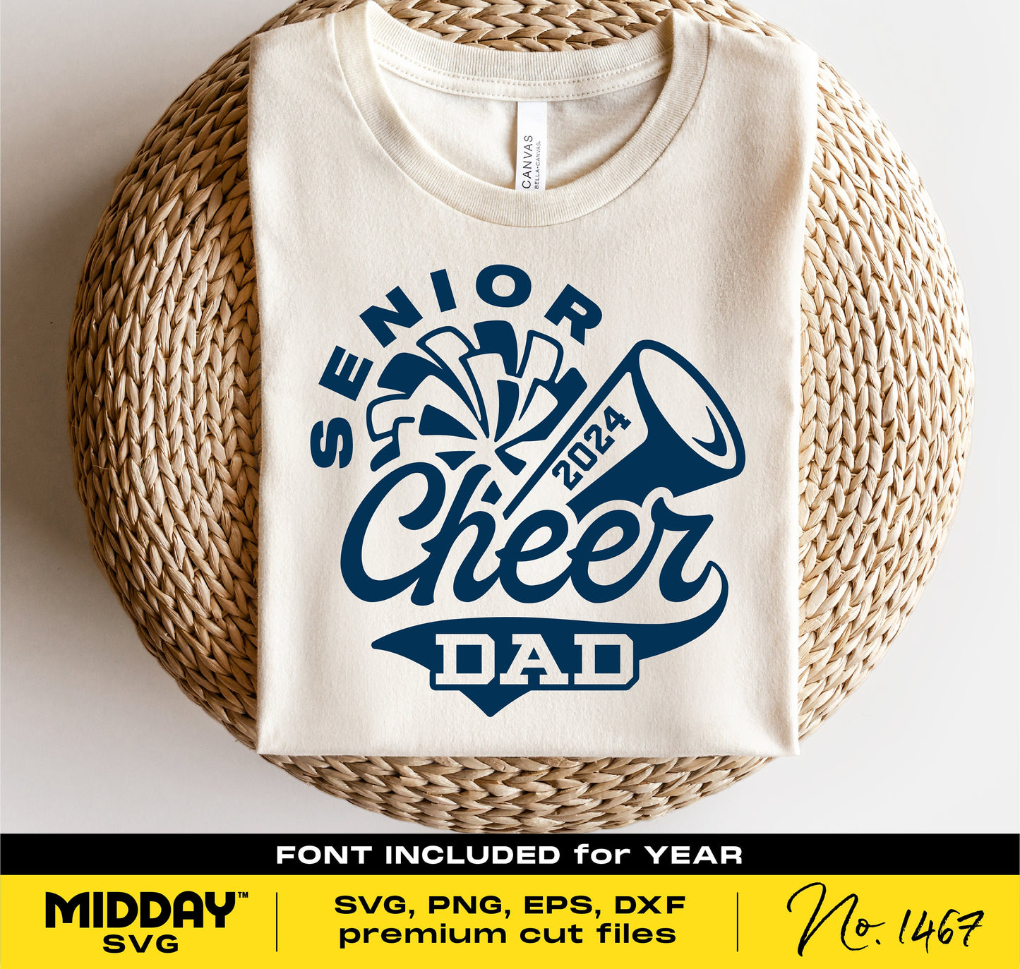 Senior Cheer Dad shirt design with megaphone and pom-pom graphics, available in SVG, PNG, EPS, DXF formats for Cricut and Silhouette.