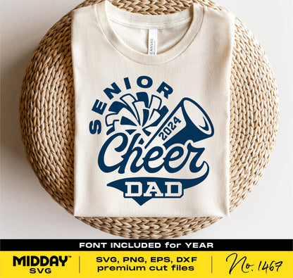 Senior Cheer Dad shirt design with megaphone and pom-pom graphics, available in SVG, PNG, EPS, DXF formats for Cricut and Silhouette.