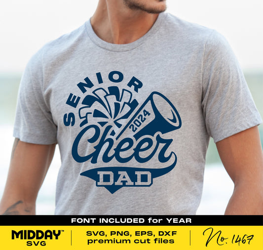Custom 'Senior Cheer Dad 2024' t-shirt design for Cricut and Silhouette, available in SVG, PNG, EPS, and DXF formats.