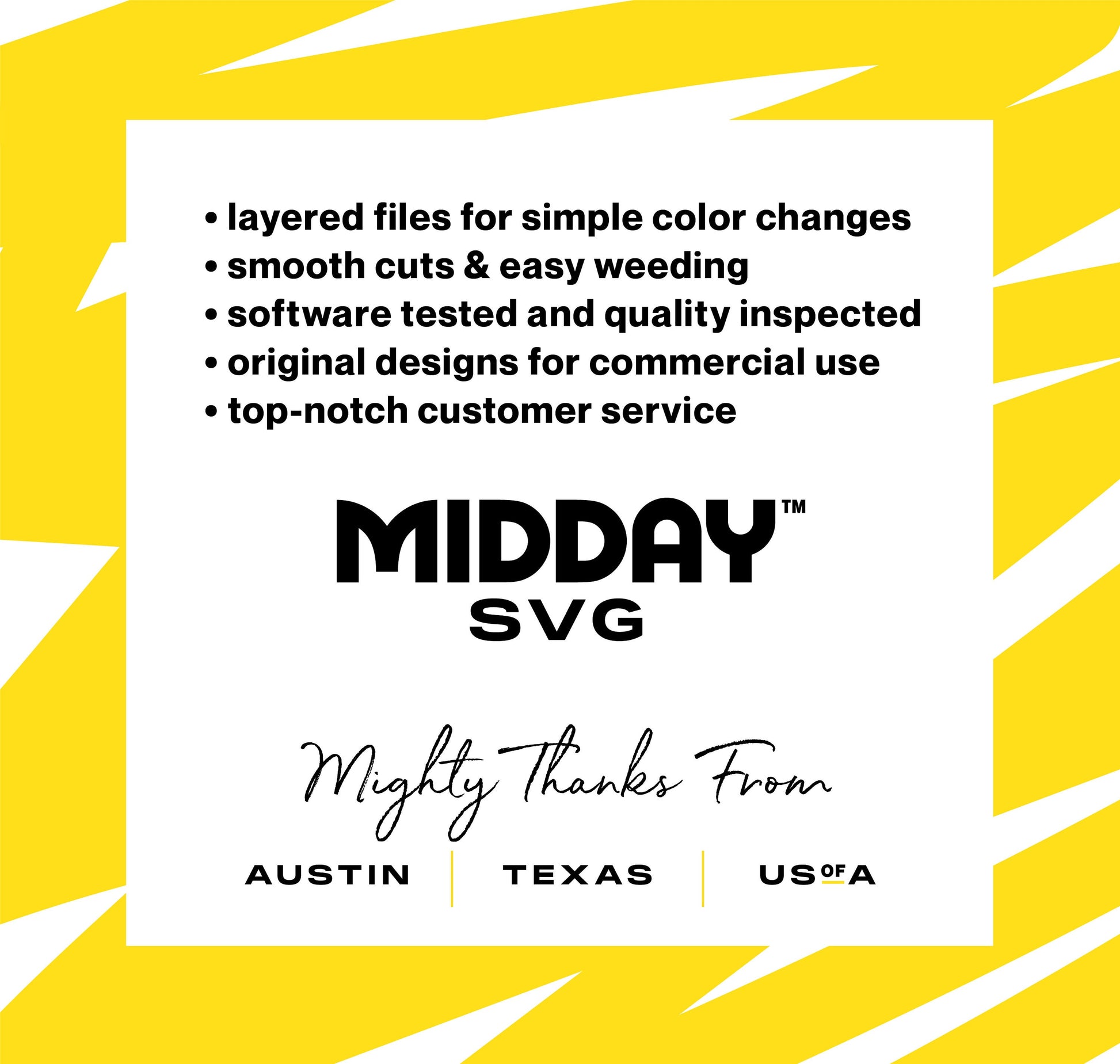 Midday SVG promo highlighting features like easy color changes, quality inspection, and top-notch service from Austin, Texas, USA.