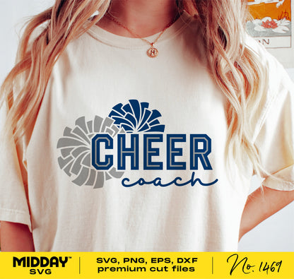Cheerleading coach shirt design featuring 'Cheer Coach' with pom pom graphic, perfect for Cricut and sublimation crafting.