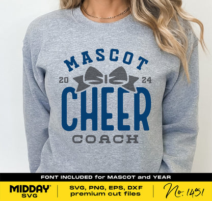 Gray sweatshirt with "Mascot Cheer Coach 2024" design in blue and gray, featuring SVG, PNG, EPS, DXF premium cut files by Midday SVG.