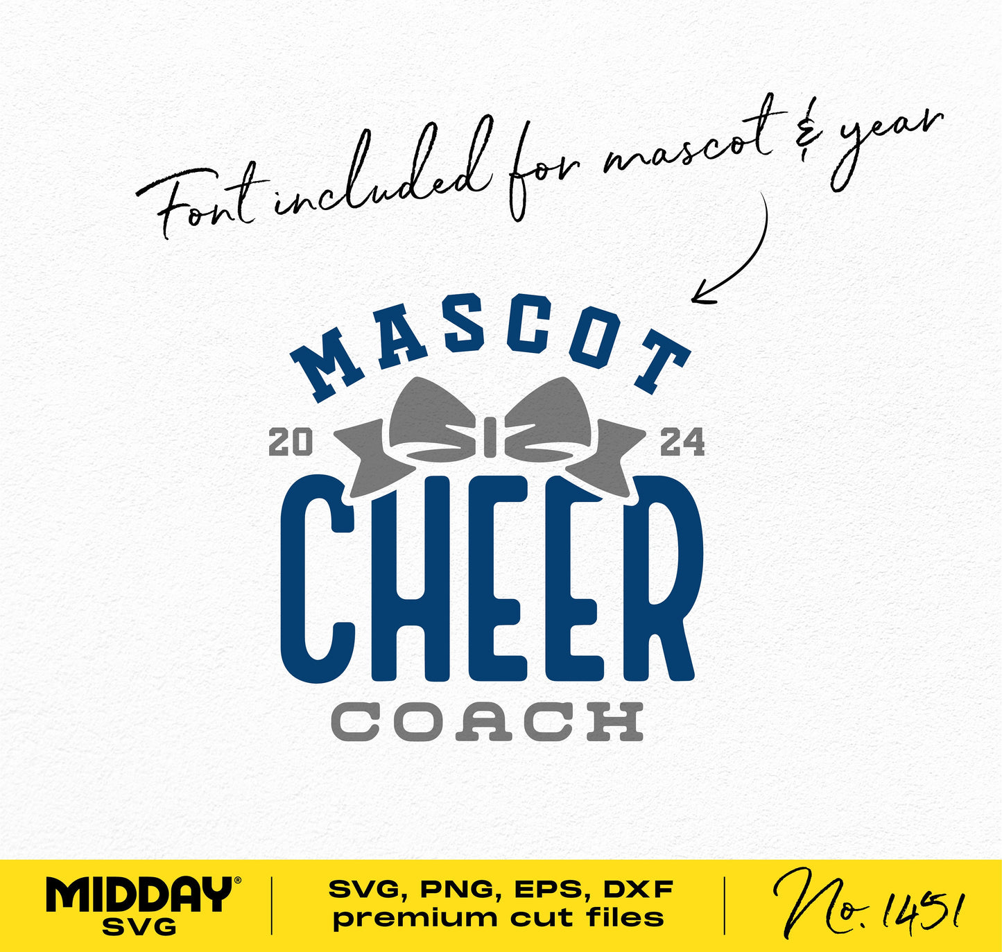 Cheer Coach SVG design with mascot and year font included, suitable for Cricut and Silhouette cutting machines.