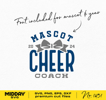 Cheer Coach SVG design with mascot and year font included, suitable for Cricut and Silhouette cutting machines.
