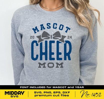 Gray sweatshirt with 'Mascot Cheer Mom' design in blue and gray font, ideal for Cricut and Silhouette crafts.