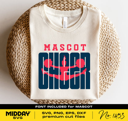 Cheer team t-shirt with mascot design, featuring bold SVG text. Ideal for Cricut, sublimation projects, and cheerleading fans.